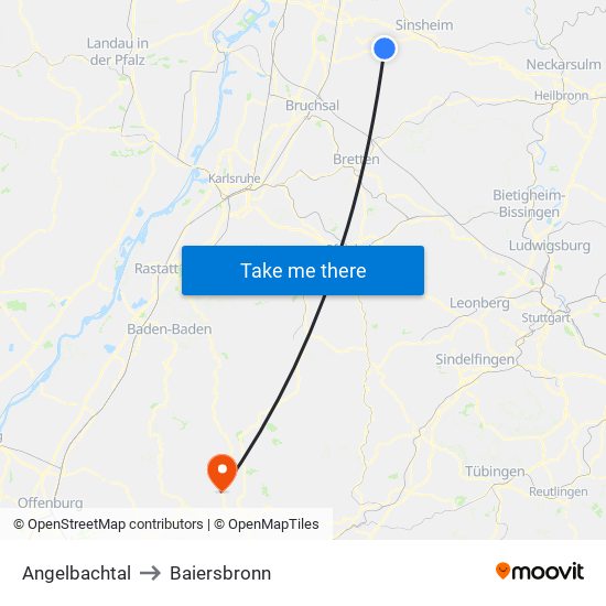 Angelbachtal to Baiersbronn map