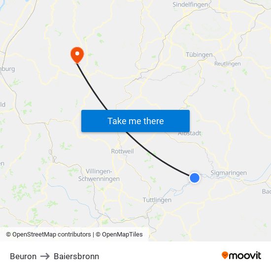 Beuron to Baiersbronn map