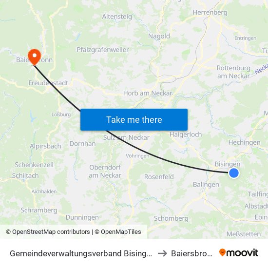 Gemeindeverwaltungsverband Bisingen to Baiersbronn map