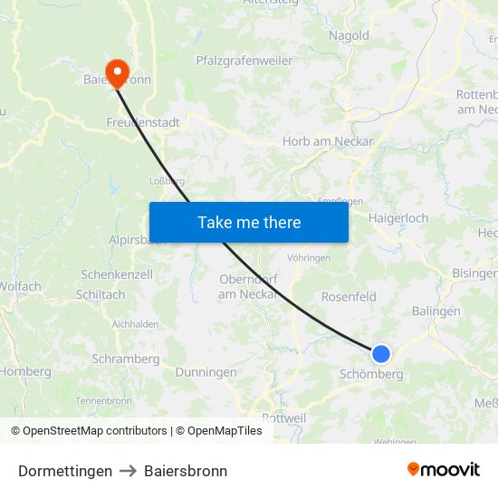 Dormettingen to Baiersbronn map