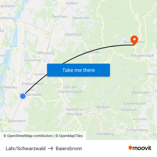 Lahr/Schwarzwald to Baiersbronn map
