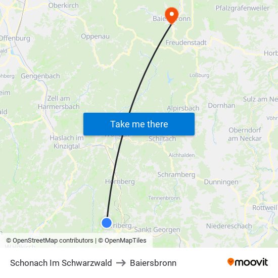 Schonach Im Schwarzwald to Baiersbronn map