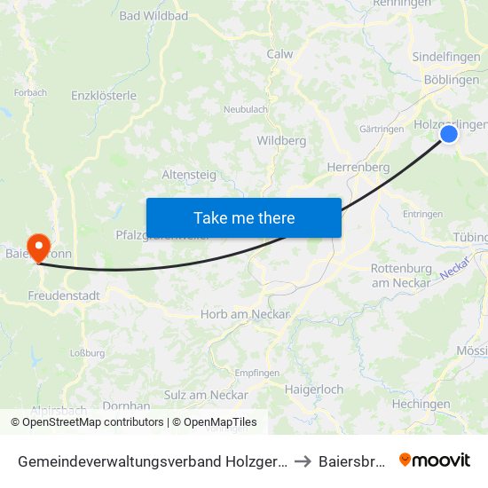 Gemeindeverwaltungsverband Holzgerlingen to Baiersbronn map