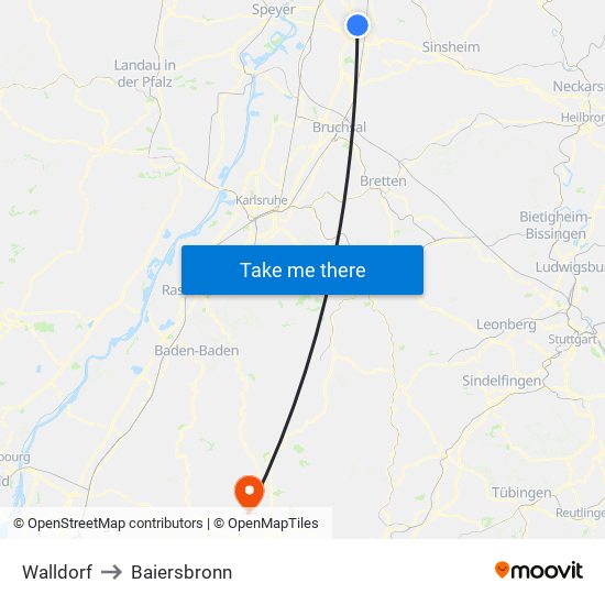 Walldorf to Baiersbronn map