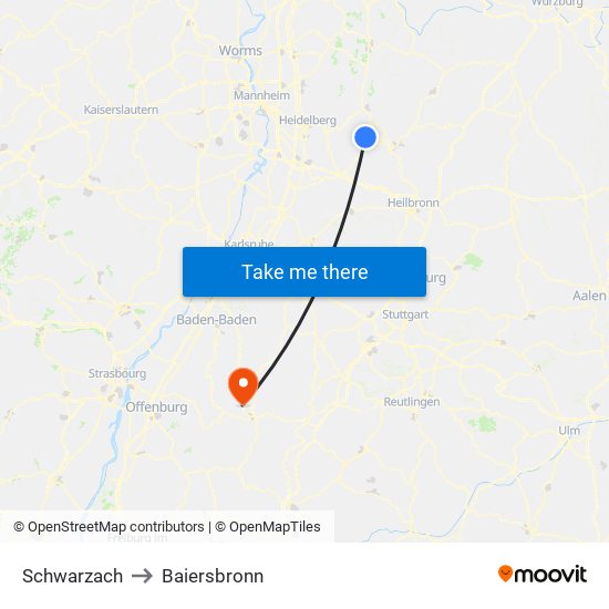 Schwarzach to Baiersbronn map
