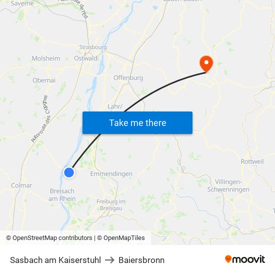 Sasbach am Kaiserstuhl to Baiersbronn map