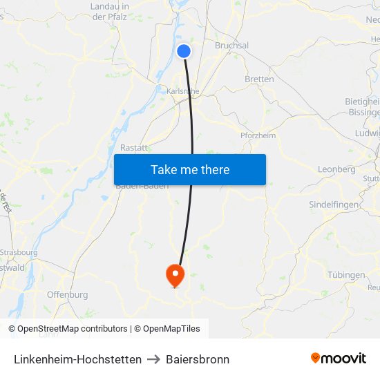 Linkenheim-Hochstetten to Baiersbronn map