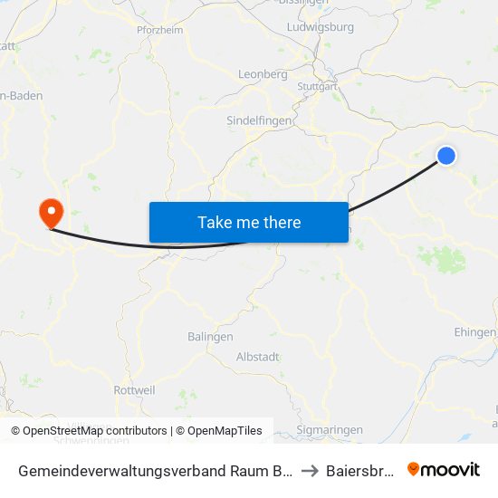 Gemeindeverwaltungsverband Raum Bad Boll to Baiersbronn map