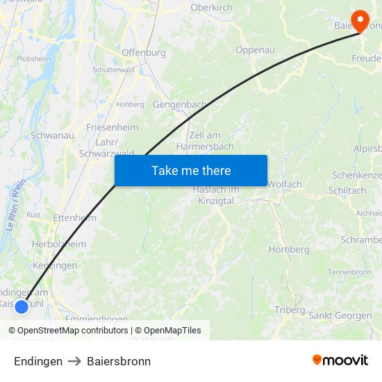 Endingen to Baiersbronn map