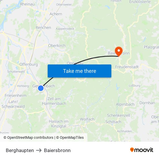 Berghaupten to Baiersbronn map