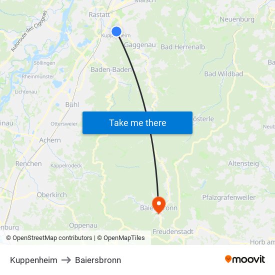 Kuppenheim to Baiersbronn map