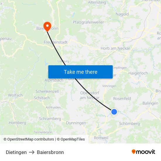 Dietingen to Baiersbronn map