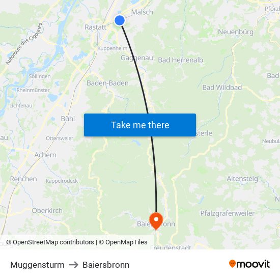 Muggensturm to Baiersbronn map