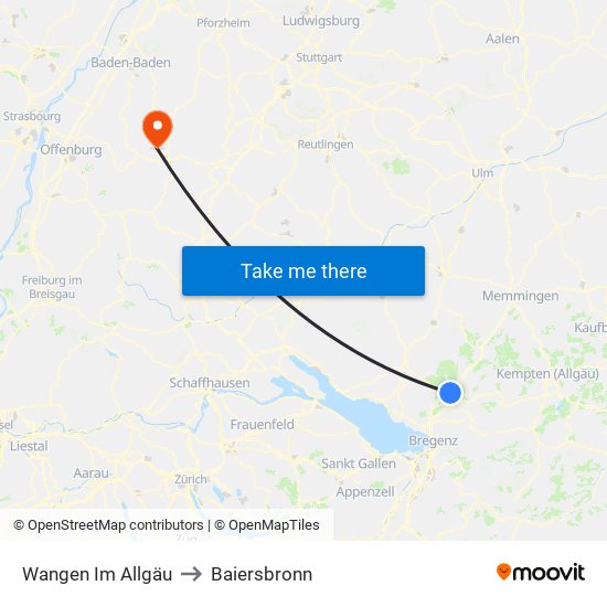 Wangen Im Allgäu to Baiersbronn map
