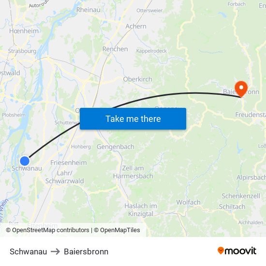 Schwanau to Baiersbronn map