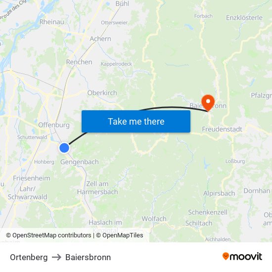 Ortenberg to Baiersbronn map