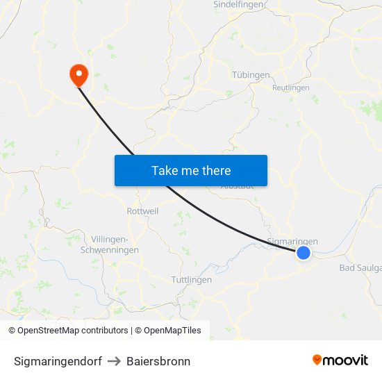 Sigmaringendorf to Baiersbronn map