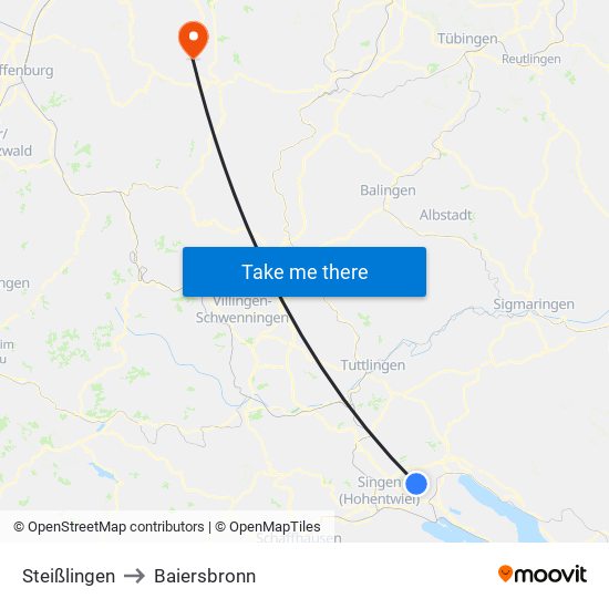 Steißlingen to Baiersbronn map