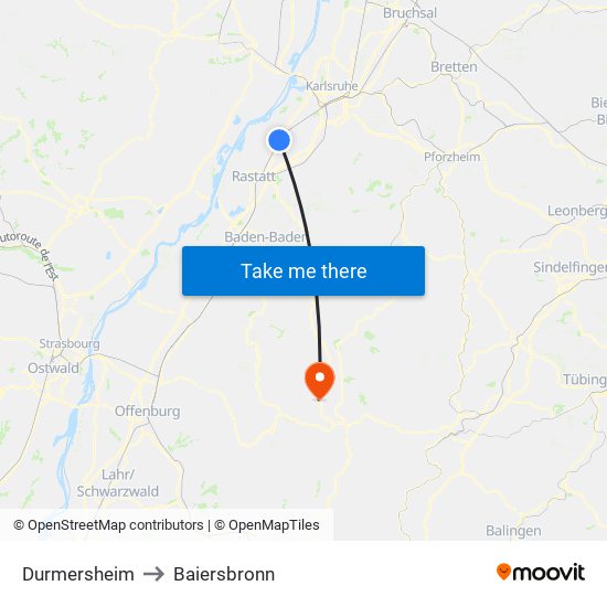 Durmersheim to Baiersbronn map