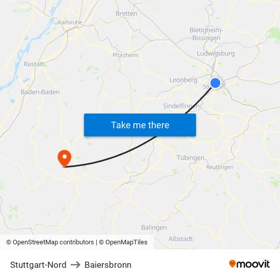 Stuttgart-Nord to Baiersbronn map