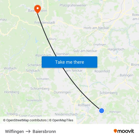 Wilflingen to Baiersbronn map