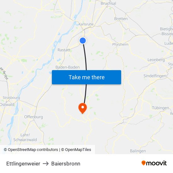 Ettlingenweier to Baiersbronn map