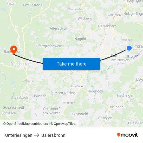 Unterjesingen to Baiersbronn map