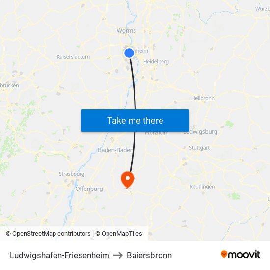 Ludwigshafen-Friesenheim to Baiersbronn map