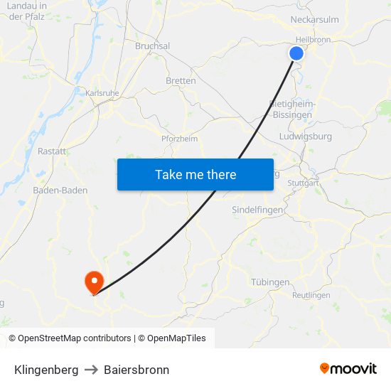 Klingenberg to Baiersbronn map