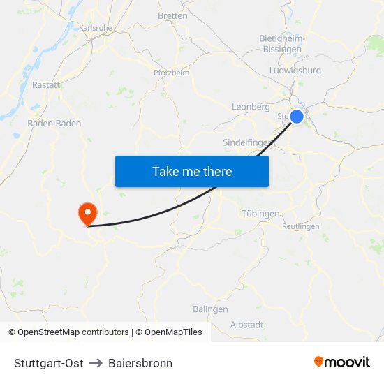 Stuttgart-Ost to Baiersbronn map