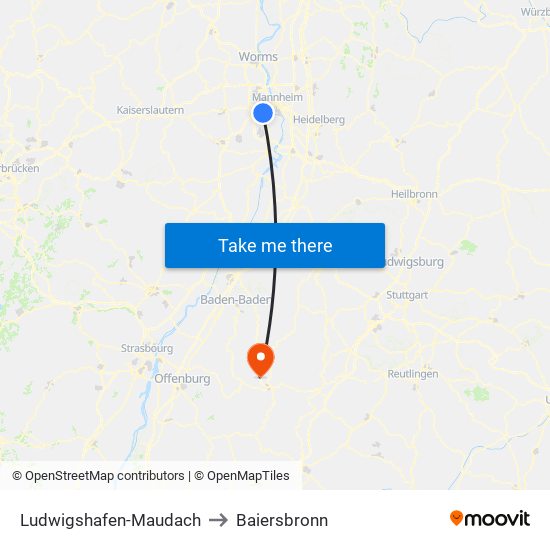 Ludwigshafen-Maudach to Baiersbronn map