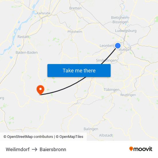 Weilimdorf to Baiersbronn map