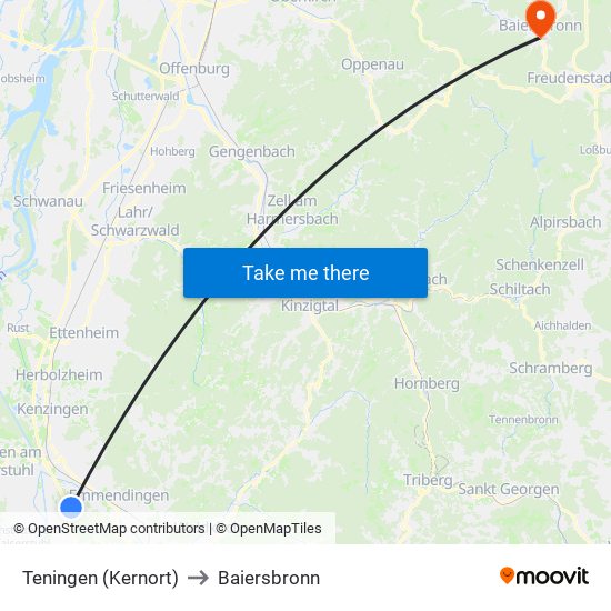 Teningen (Kernort) to Baiersbronn map