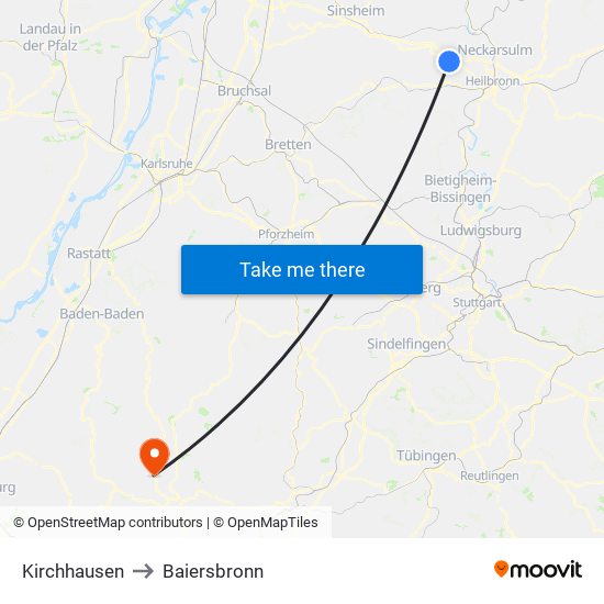 Kirchhausen to Baiersbronn map