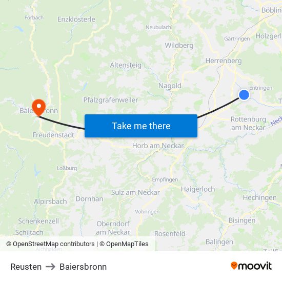 Reusten to Baiersbronn map