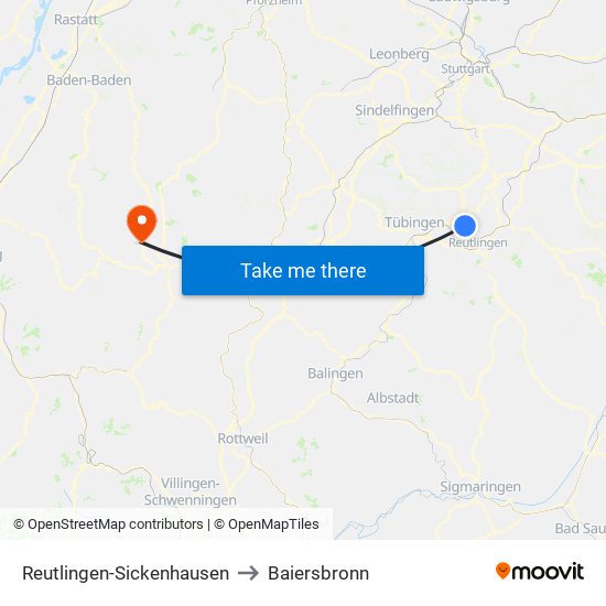 Reutlingen-Sickenhausen to Baiersbronn map