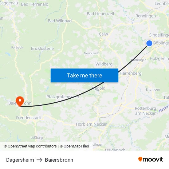 Dagersheim to Baiersbronn map