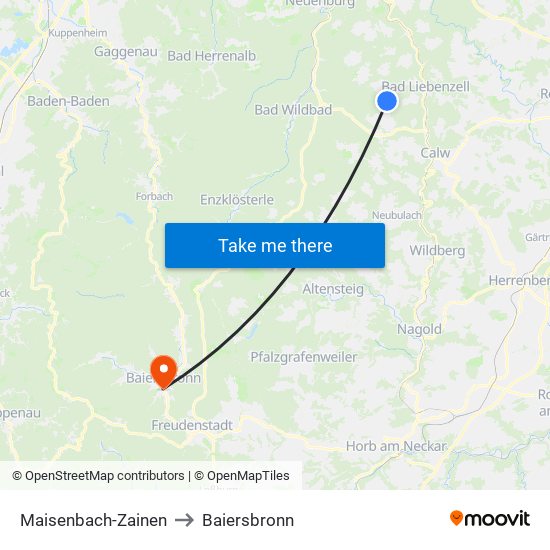 Maisenbach-Zainen to Baiersbronn map