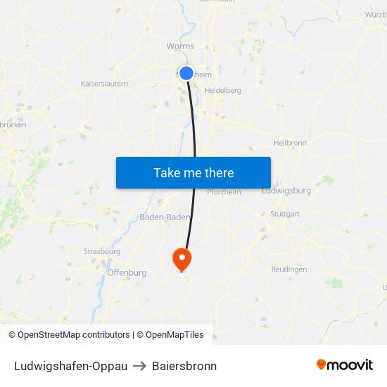 Ludwigshafen-Oppau to Baiersbronn map