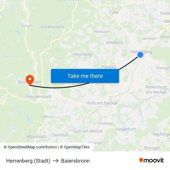 Herrenberg (Stadt) to Baiersbronn map