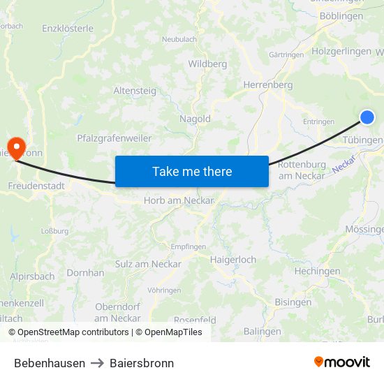 Bebenhausen to Baiersbronn map