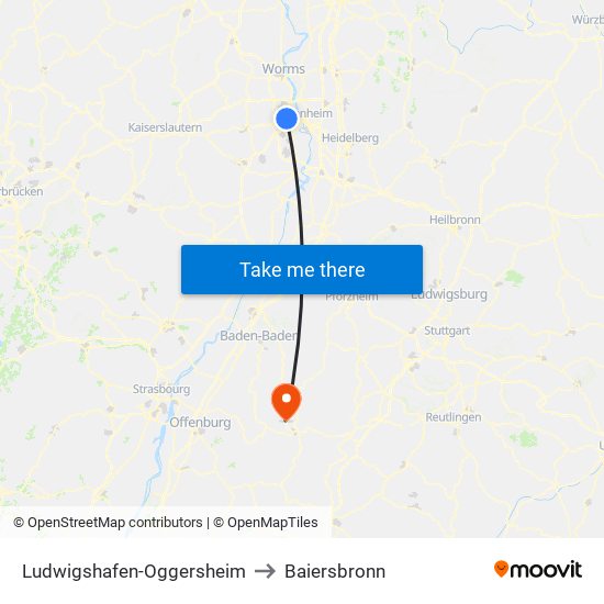 Ludwigshafen-Oggersheim to Baiersbronn map