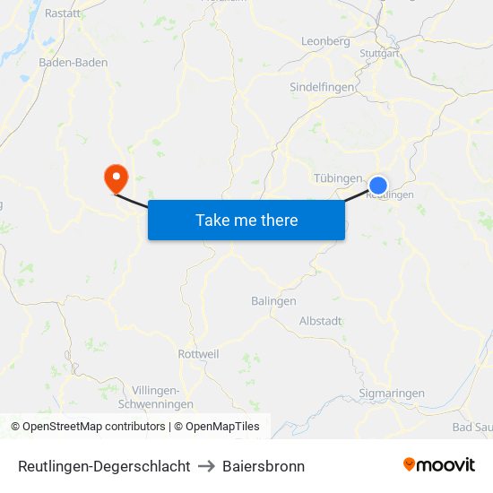 Reutlingen-Degerschlacht to Baiersbronn map
