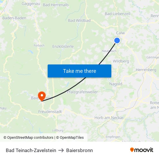 Bad Teinach-Zavelstein to Baiersbronn map