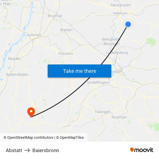 Abstatt to Baiersbronn map