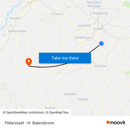 Filderstadt to Baiersbronn map