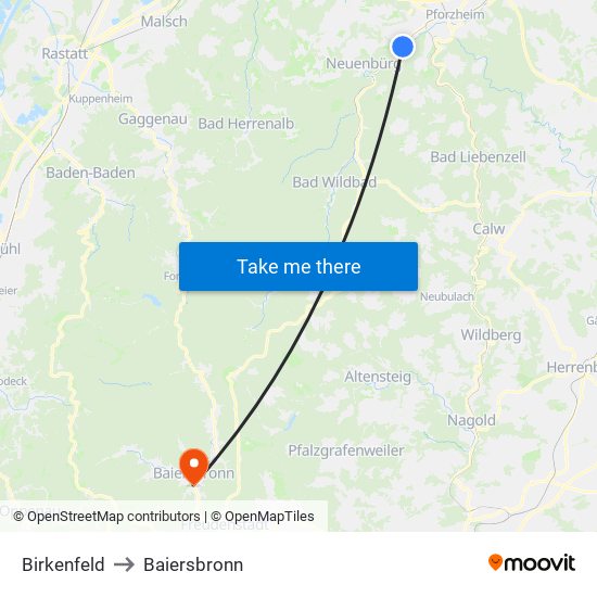 Birkenfeld to Baiersbronn map