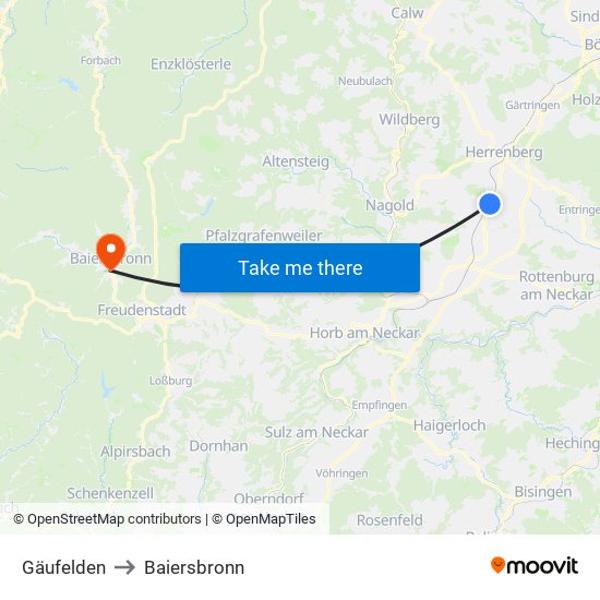 Gäufelden to Baiersbronn map