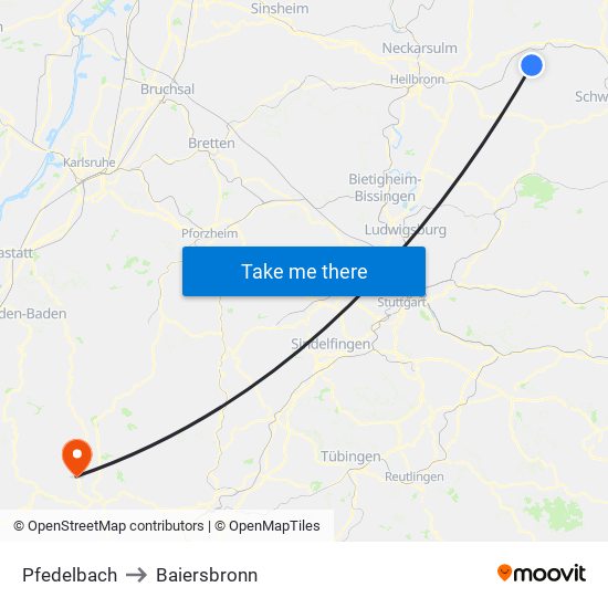 Pfedelbach to Baiersbronn map