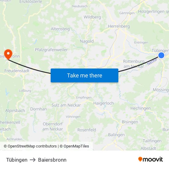 Tübingen to Baiersbronn map